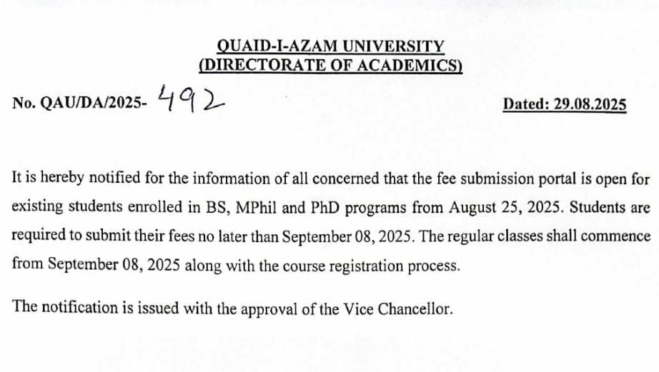 Notification Regarding Fee Submission and Commencement of Fall 2025 Semester