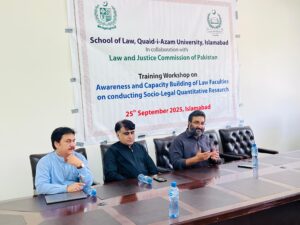 A one-day training workshop on the socio-legal method of legal research commenced today at the School of Law, Quaid-i-Azam University (QAU).